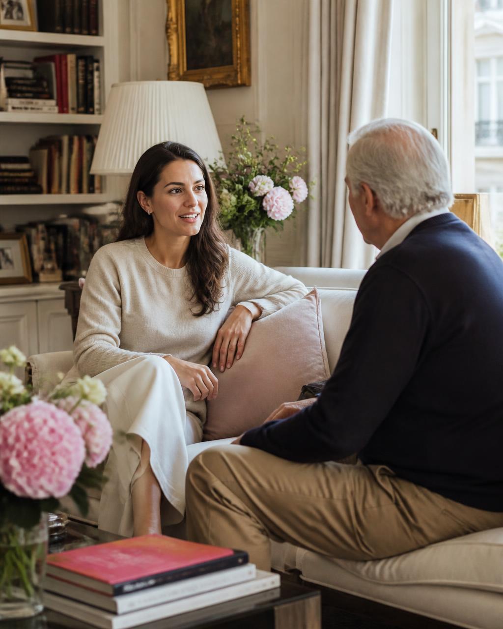 A live-in carer talking with an older gentleman in a sunlit private living room